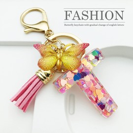 JINGUAZI Initial letter Keychains for Women Tassel Butterfly Pink Purple Cute Car Keychain for Wallet Backpack bag charm, T-pink, Keychains
