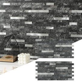 KASARO 20 Sheets Peel and Stick Backsplash Tile, Stick on Kitchen, Bathroom, Fireplace and RV, PVC Adhesive Mosaic Black Grey Wood with Vintage Silver Embellished Stripes Wall Tile