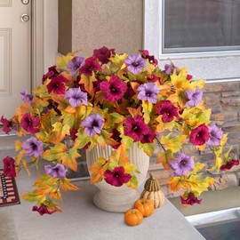 Fall Flowers Artificial for Decoration Fake Petunias Plants for Outdoor, 2PCS Autumn Silk Faux Flower UV Resistant No Fade Floral for Garden Balcony Yard Porch Realistic Indoor Decor (Burgundy Purple)