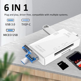 6-in-1 Type-C USB Card Reader for Smartphone and PC, USB20 OTG Card Reader with Type-A and Type-C, Multifunctional Card Reader for Photos, Videos, and Digital Camera White