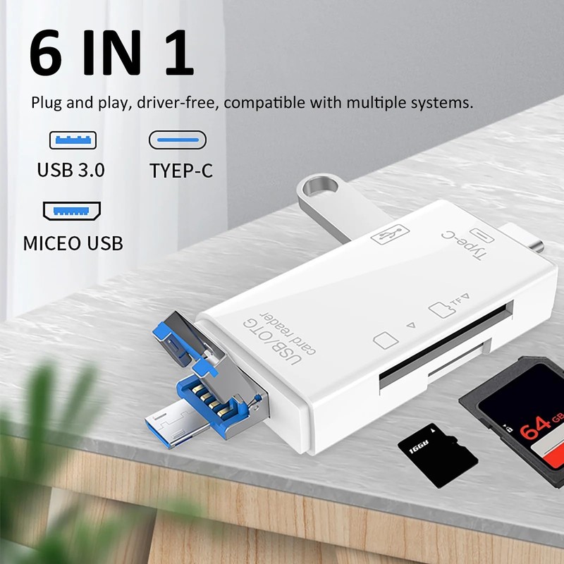 6-in-1 Type-C USB Card Reader for Smartphone and PC, USB20