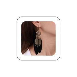 Sttiafay Boho Black Feather Dangle Earrings Long Feather Tassel Earrings Vintage Tribal Feather Earrings Gold Feather Drop Earrings Jewelry for Women