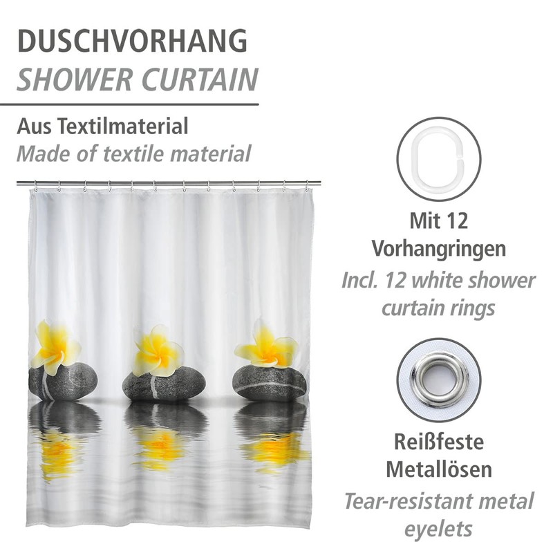 Wenko 20960100 Shower curtain Stones with Flower highquality textile fabric,