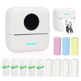 Vicbear Mini Portable Printer, Inkless Sticker Printer with 12 Rolls Paper, Thermal for Notes/Photos/Stickers/Labels/Receipts, Compatible with iPhone, Android Phone & Tablet, White
