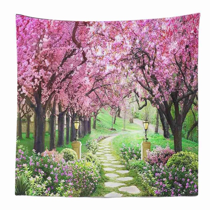 CHENGOR Tree Flower Tapestry Forest Path Red Cherry Blossom Wall