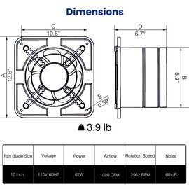 Fanspex 10" High Velocity Exhaust Fan for Kitchen, 1020 CFM Wall Mount Household Ventilation Fans for Workshop Attic Garage Shed Greenhouse Barn, 62W Low Consumption