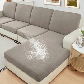 NAISI Waterproof Couch Cushion Covers Thick Velvet Fabric Washable Sofa Slipcovers Sectional Couch Covers for 3 Pieces Separate L Shape Couch Cover with Elastic Bottom(2 Seater + 1 Chaise,Light Taupe)