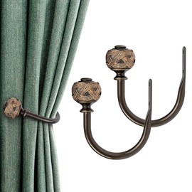 USFOOK - Paquete de 2 soportes de cortina de bronce, decorativos para ventana (2 paquetes/1 par), ganchos para cortina para pared con remates de hojas (3.9 pulgadas de largo x 3.4 pulgadas de ancho)