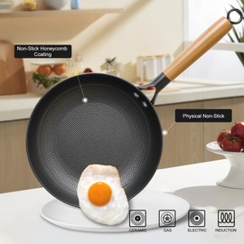 Letschef Non Stick Frying Pans 11inch Cast Iron Skillet Nonstick with Detachable Wooden Handle, Egg Pan Honeycomb Cast Iron Skillet Pan,Stay Cool Handle, Easy Clean（ Loofah Sponge+ Wooden Handle）