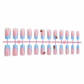 MISUD Press on Nails - Long Square Fake Nails with Blue French Tip, Acrylic Cherry Design 24 pcs