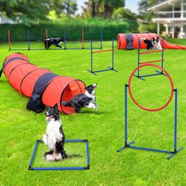 YITAHOME Dog Agility Equipments: Includes Flirt Pole, 3 Flying Discs, 2 Agility Tunnel, 3 Jumps, 6 Weave Poles, Pause Box, Agility Course Set for Backyard, Indoor, Outdoor