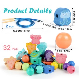 TRUEIN 32 Pcs Montessori Threading Toys, Wooden Lacing Beads Toys for 2 3 4 5 Year Olds Kids, Preschool Activities Wooden Educational Toys Toddler Threading Beads Gifts For Toddlers Boys Girls