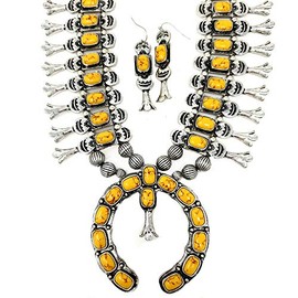 Emulily Chunky Western Turquoise Squash Blossom Statement Necklace and Earrings Set Navajo (Yellow)