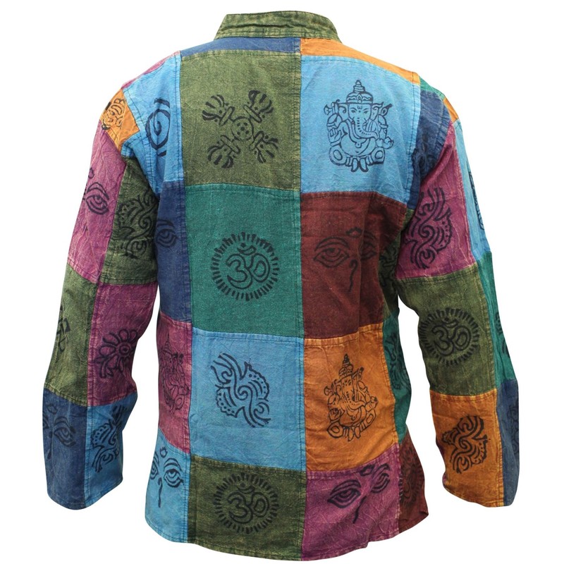 SHOPOHOLIC FASHION Men's Acid Washed Colourful Patchwork Hippie Grandad Shirt