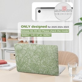 iCasso Compatible with MacBook Air 15 inch Case 2025 2024 2023 Release M4 A3241 M3 A3114 M2 A2941, Anti-Scratch Protective Plastic Hard Shell Case+Keyboard Cover for Mac Air 15, Green Embossed Floral