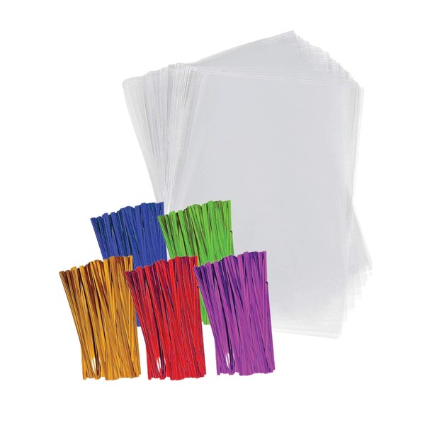 Purple Q Crafts Clear Plastic Cellophane Bags with 4" Colored Twist Ties for Gifts Party Favors (3"x5" 100 Pack)