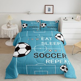 jejeloiu Kids Soccer Comforter Set Full Size Football Comforter Boys Girls Eat Sleep Soccer Ball Pattern Bedding Set Sports Theme Gaming Sports Teal Quilt Set