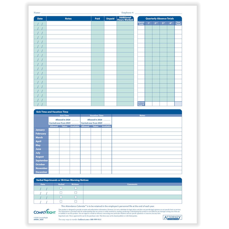 ComplyRight 2026 Attendance Calendar Card, White, Pack of 50