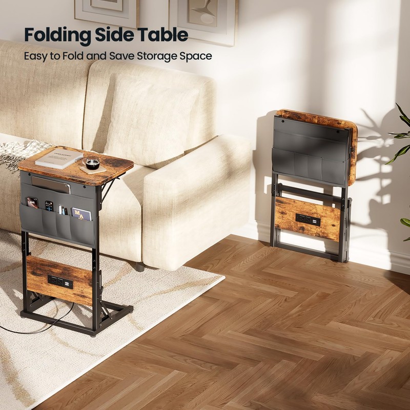HLDIRECT C Shaped End Table with Charging Station, Couch Side