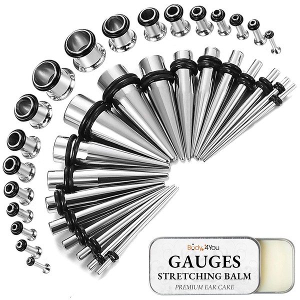 BodyJ4You 37PC Ear Stretching Gauges Kit 14G-00G - Aftercare Balm Wax - Surgical Steel Tapers Single Flare Plugs Tunnels - Stretchers Expanders Eyelets