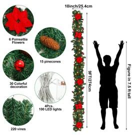 Hotop 4 Pcs 9 ft x 10 Inch Bulk Christmas Garland with Light, 100 LEDs 220 Vines 6 Poinsettia 15 Pinecones 30 Christmas Balls Xmas Pine Garland for Indoor Outdoor Holiday Door (Green)