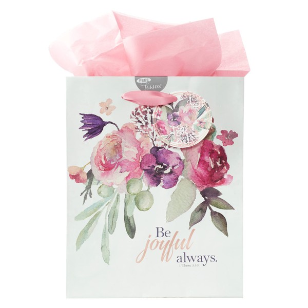 Christian Art Gifts Gift Bag/Tissue Paper Set Be Joyful Always 1 Thessalonians 5:16 Bible Verse, Pink Rose Floral, Medium