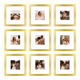 BSRHOME 8x8 Picture Frame Set of 9, Display Pictures 4x4 with Mat or 8x8 without Mat, Multi Collage Gallery Square Photo Frames for Wall or Tabletop, Gold