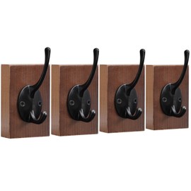 Rustic Coat Hooks for Wall, 4 PCS Black Wall Hooks with Solid Wood Base, Wall Mounted Rustic Decorative Wall Hooks for Hanging Coats, Clothes, Towels, Hat, Jacket, Bag, Keys and Purse