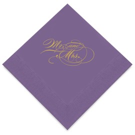 Weddingstar 3-Ply Gold Foil Cocktail Napkins Purple - Mr and Mrs Script