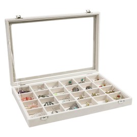 Wudygirl Jewelry Organizer Earring Holder Jewelry Tray with Lid Velvet Jewelry Box Jewelry Display Case Bracelet Earrings Ring Holder for Women Dresser (Beige 24 Grid Jewelry Tray)
