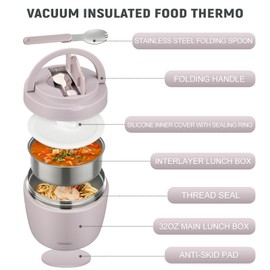 wiwens Thermo Food Jar for Hot Food Adults 32OZ Soup Thermo Lunch Containers Wide Mouth Vacuum Insulated Stainless Steel Leakproof Bento Box with Spoon (Purple)