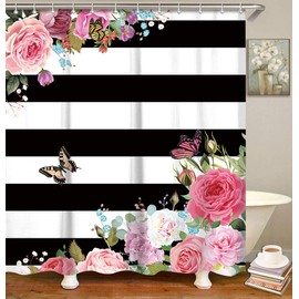 LIVILAN Striped Fabric Shower Curtain, Pink Floral Bathroom Curtains Set with Hooks Flower Butterfly Bathroom Decor 72Wx78W Inches Machine Washable