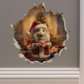 Santa Mouse in Mouse Hole Decal - Mouse Hole 3D Wall Sticker