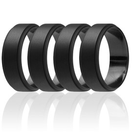 ROQ Silicone Rubber Wedding Ring for Men, Comfort Fit, Men's Wedding Band, Breathable Rubber Engagement Band, 8mm Wide 2mm Thick, Step Edge, 4 Pack, Black, Size 10