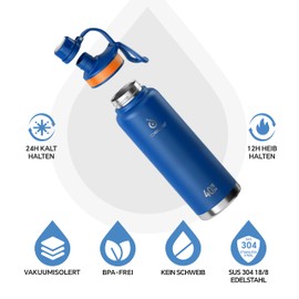 IDEUS Vacuum Insulated Water Bottle, 40 oz (1140 ml) Stainless Steel Double Wall Bottle Metal Sports Canteen with Leak-proof Screw Cap (Royal Blue)