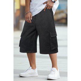 GINGTTO Mens Baggy Jorts Loose Fit Long Cargo Shorts for Men Stretch Waist Big Tall Jean Shorts Men Below Knee Black 38