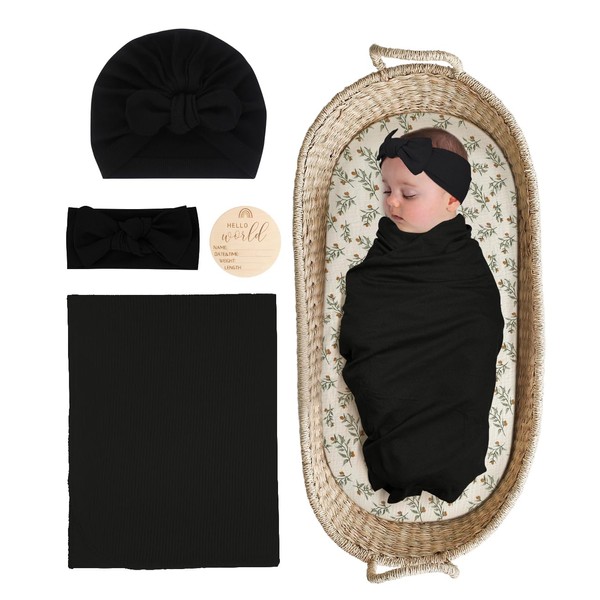 ZURLEFY Stretchy Baby Swaddle Blanket and Headband Set, Black Newborn