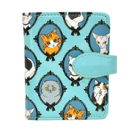 Shag Wear Women's PU Vegan Leather Colorful Slim Trendy Small Bifold Wallet with 4 Credit Card Slots, 1 Zippered Coin Pocket, and Clear ID Window, Cat Cameo, Mint, Cute Print