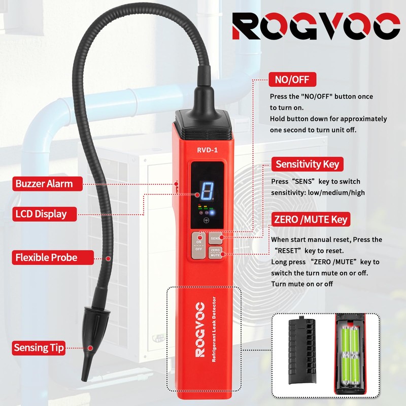 ROGVOC HVAC Refrigerant Leak Detector, Heated Diode Sensor, Battery Powered