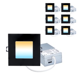 POPANU Recessed Lighting 4-inch Square-LED - Canless Recessed Light Fixture, Dimmable Ceilling Light with Junction Box, 2700|3000|3500|4000|5000K, 9W, Black, 6P