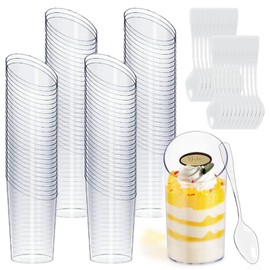 2.5OzDessertCups-100set Voittozege 100 Pack 2.5oz Mini Dessert Shooter Cups with Spoons, Round Appetizer Parfait Cups, Trifle Tumbler Cups with Spoons for Desserts, Pudding, Event and Party