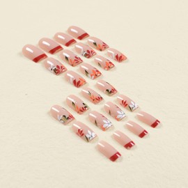 24 Pcs Thanksgiving Press on Nails Medium French Tip False Nails with Flower Leaf Design Nude Square Fake Nails Glossy Glue on Nails Autumn Thanksgiving Full Cover Stick on Nails for Women Girls