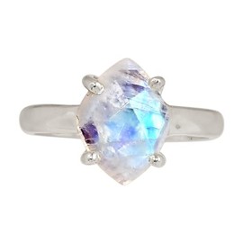 Xtremegems Natural Faceted Rainbow Moonstone - India 925 Silver Ring Jewelry s.6 ALLR-30447