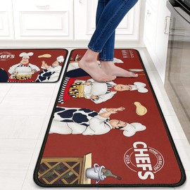 Faptoena Fat Chef Kitchen Rugs and Mats Sets of 2,Red Kitchen Decoration Rugs,Rubber Backing Non-Slip Floor Mat for Sink Washable Waterproof Laundry Room Runner Rugs