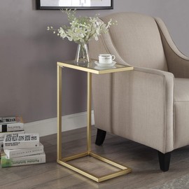 Carolina Chair & Table Ashley Rectangular C Shaped End Table - Tempered Glass Top and Metal Side Tables - Modern Accent Furniture for Living Room, Family Room, Bedroom or Office (Gold)