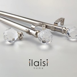 ILAISIHOME Luxury Silver Decorative Single Curtain Rod Set with Crystal-clear Faceted Finials, 72-144 in, Standard Single Drapery Rod for 1 Pack, 1-1/8 in diameter, Adjustable Length