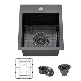 ARTLINE 15 x 17 Inch Black Drop in Bar Sink, Stainless Steel Single Bowl Kitchen Sink, Small Topmount 9 Inch Deep Wet Bar sink for Outdoor Prep RV Yard Laundry Utility with Dish Grid & Drain