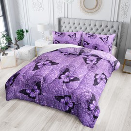 Nttopship Violet Butterfly Comforter Set - Full Size Kids Bedding with 1 Comforter and 2 Pillowcases - Butterfly & Dandelion Pattern All Season