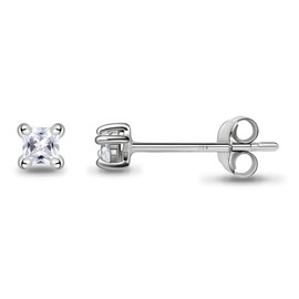 Sterling Silver 2mm Princess-Cut Square Stud Tiny CZ Cartilage Earrings for Men Women