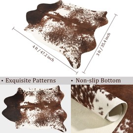 Chicrug Exquisite Faux Fur Cowhide Rug, 3 x 4 Feet Cow Hide Western Room Decor Rug for Living Room Bedroom, Non Slip Cute Cow Animal Print Floor Carpet for Kids Family, White and Brown